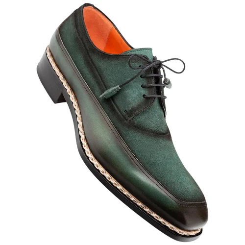 Mezlan Summit forest green derby, apron-toe and welt stitching detail