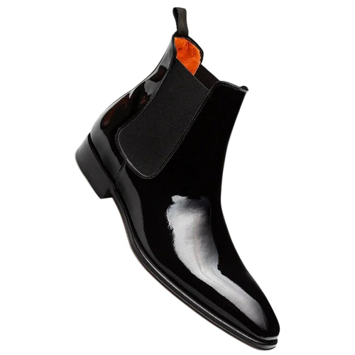 Mezlan Blackjack men's black patent leather Chelsea boot, angled profile