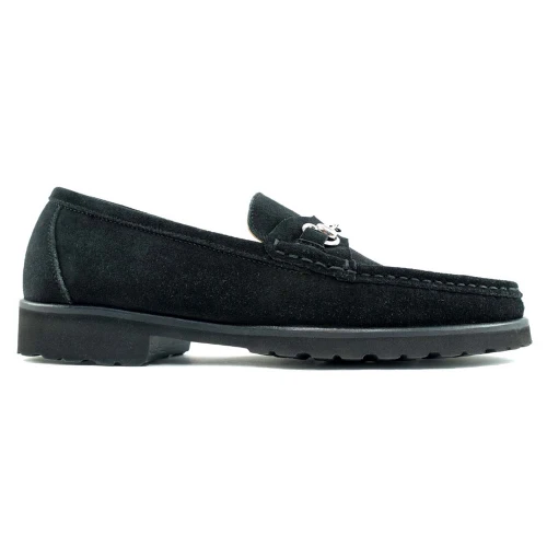 Side profile of black bit loafer showing bit hardware and suede nap