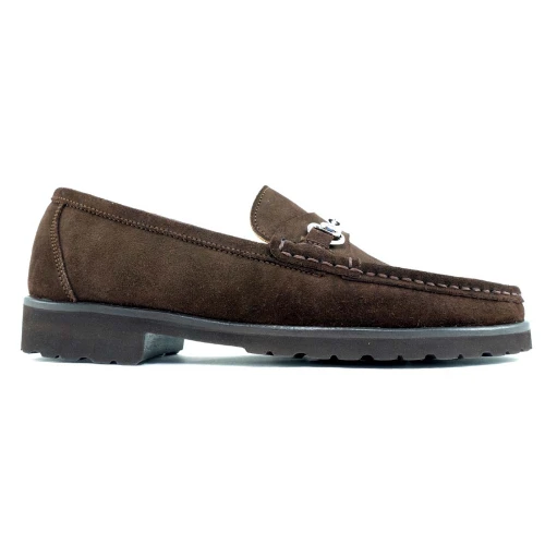 Side profile of brown bit loafer showing bit hardware and suede nap
