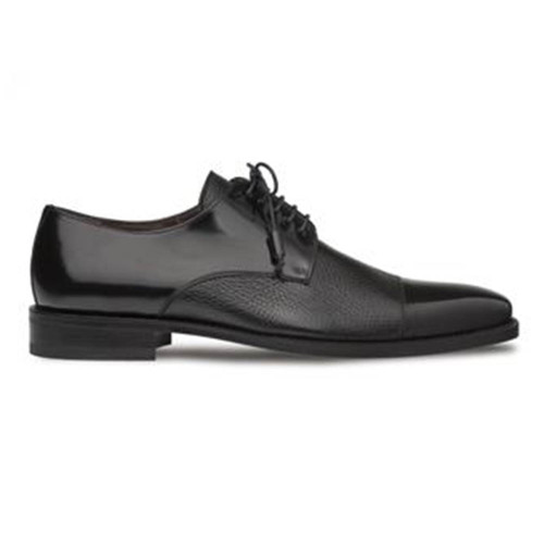 Mezlan Soka black deerskin and calfskin cap toe dress shoe, side profile view