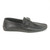 Side profile of black leather driving loafer showing metal B logo detail