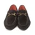 Front view of brown suede bit loafer with metal bit detail