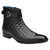 Belvedere Libero black ostrich leg boot, showing cap-toe and quilted panel detail