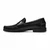 Side profile of the Florsheim Berkley black leather penny loafer showing the moc toe seam and penny strap