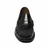 Front profile of the Florsheim Berkley black leather penny loafer showing the moc toe seam and penny strap