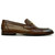 Side profile of brown bit loafer showing antique gold hardware and pebble grain texture