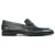 Side profile of black bit loafer showing antique gold hardware and pebble grain texture