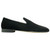 Side profile of black velour suede slipper showing grosgrain trim detail