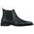 Side profile of black Chelsea boot showing elastic gusset and pull tab detail