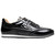 Side profile of the Stacy Adams Action 150 Sporty Lace-Up Sneaker in Black Patent showing the lacing and eyelet placement