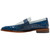 Side profile of the Stacy Adams Rubiano Moc Toe Buckle Strap Slip-On in Dark Blue Multi showing the moc toe seam