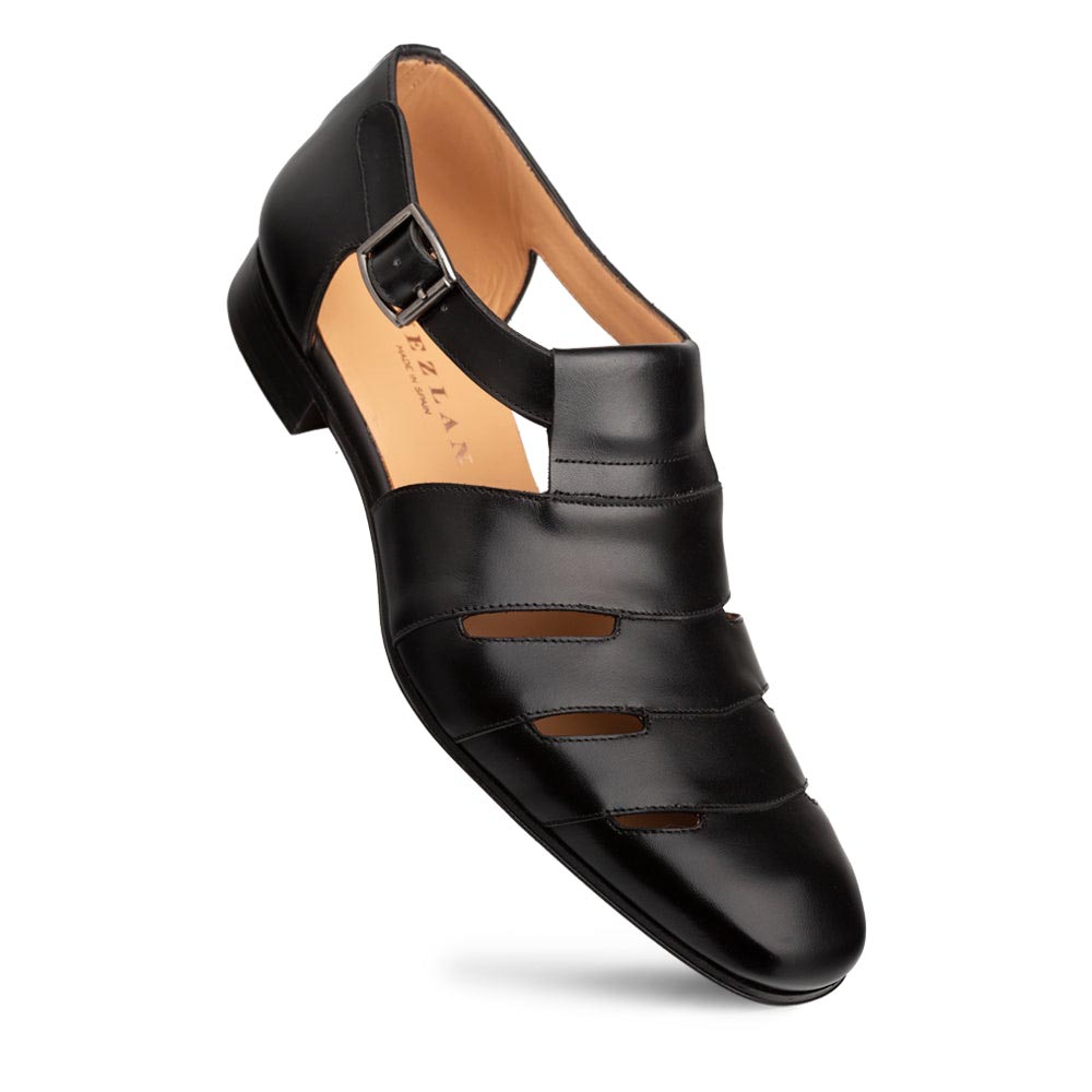 MEZLAN Men's Black T-Strap Calfskin Dress Sandals