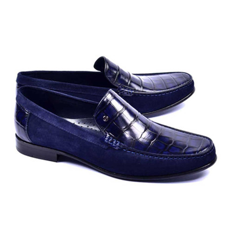Navy Blue Woven Leather and Suede Bit loafer for men By Corrente –  Dolcevitafashions