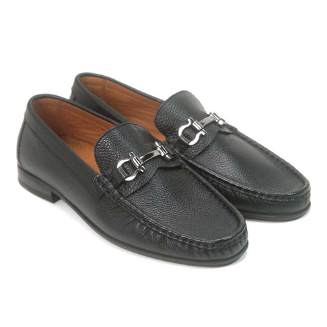 Sigotto Uomo Black Grain Leather Bit Loafer with Leather Sole