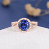 8mm Round Lab Sapphire Diamond  Halo Split Shank Engagement Ring