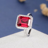 8*10mm Emerald Cut Lab Ruby Diamond Halo Engagement Ring