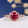 7mm Lab Ruby Antique Flower Diamond Halo Engagement Ring