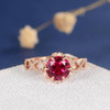 7mm Round Cut Lab Ruby Flower Art Deco Engagement Ring