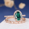 Antique Lab Emerald Art Deco Wedding Band Engagement Ring Set