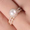 Akoya Pearl Engagement Ring Set Rose Gold Art Deco Wedding Band