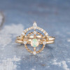 Natural Cabochon Opal Universe Sun Beaded Halo Engagement Ring Set