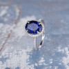 7*9mm Oval Lab Sapphire Diamond  Halo Claw Prongs Engagement Ring