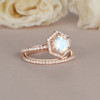 Hexagon Shaped  Moonstone Engagement Ring Rose Gold Bridal Set