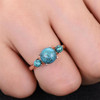 Turquoise Ring 3 Stone Engagement Ring Plain Gold Band 7.5mm Round Cut Wedding Ring 