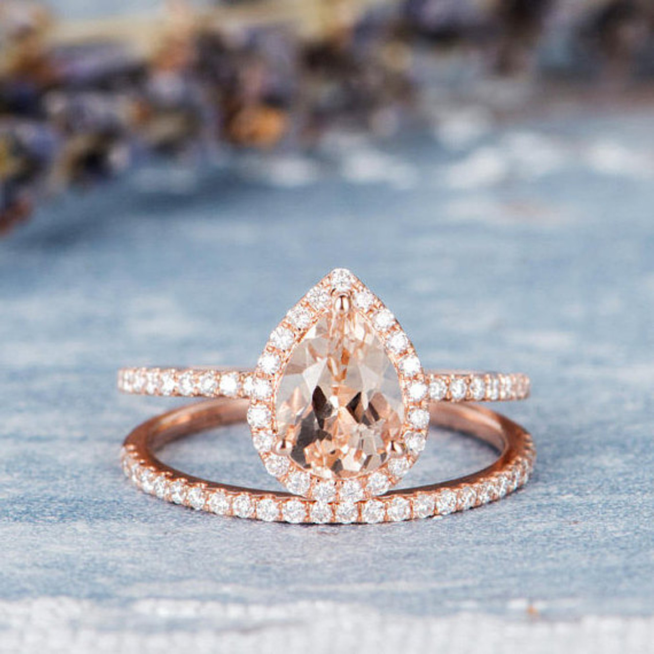 Rose Gold Engagement Ring Set Pear Shaped Morganite Wedding Bridal