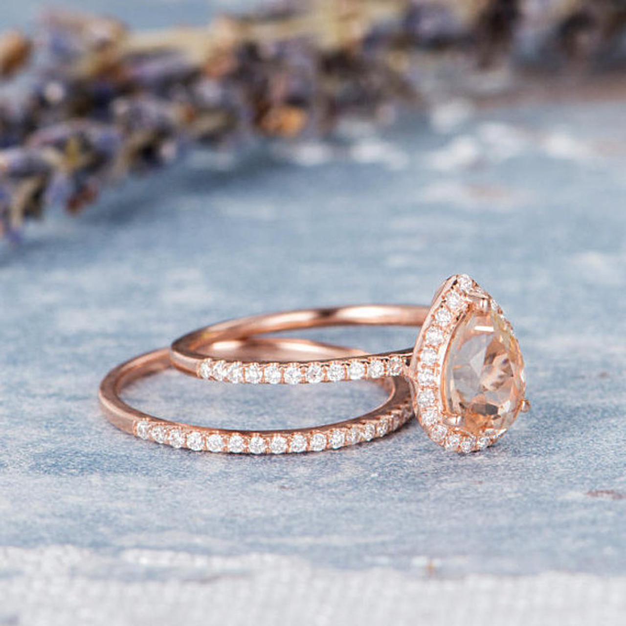 Rose Gold Engagement Ring Set Pear Shaped Morganite Wedding Bridal Set ...