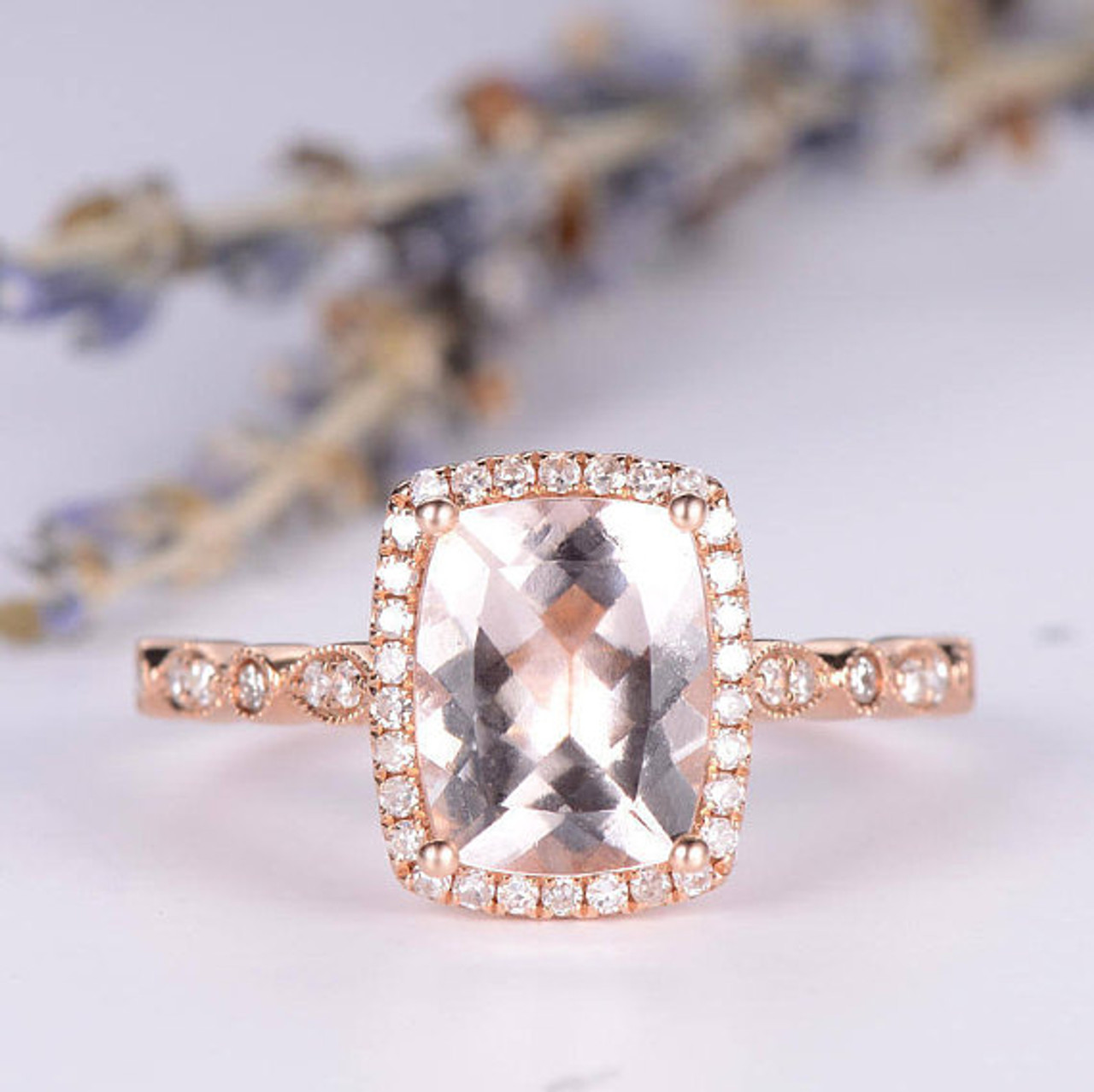Art Deco Morganite Engagement Ring Rose Gold Bridal Wedding Ring