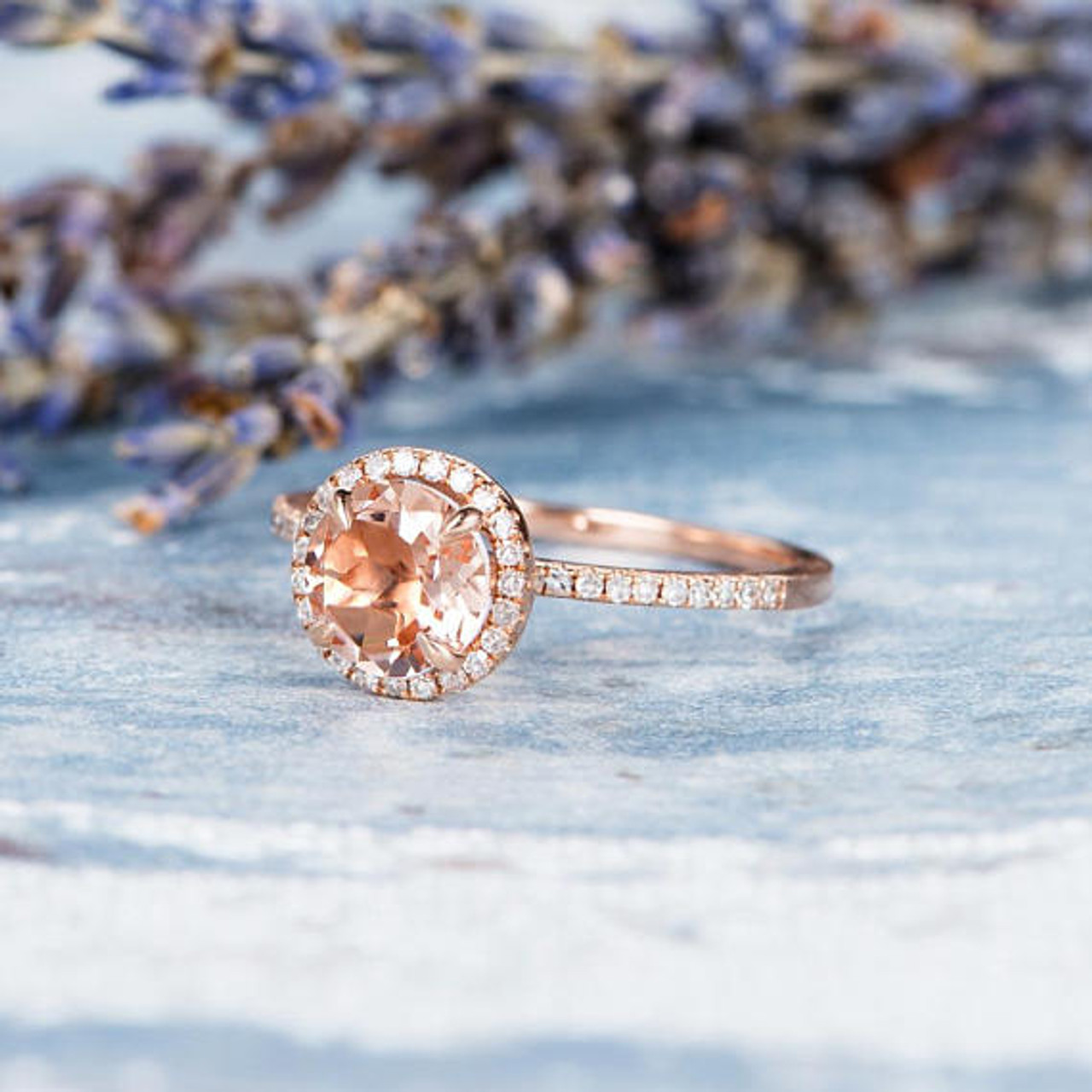 Morganite Ring Rose Gold Engagement Ring Halo Bridal Women Diamond Half ...