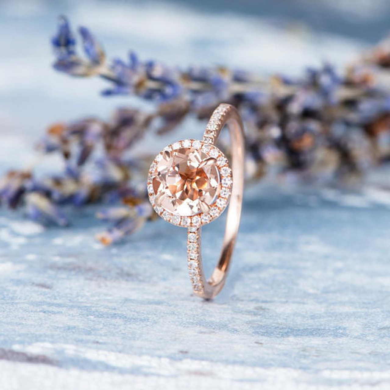 Morganite Ring Rose Gold Engagement Ring Halo Bridal Women Diamond Half ...