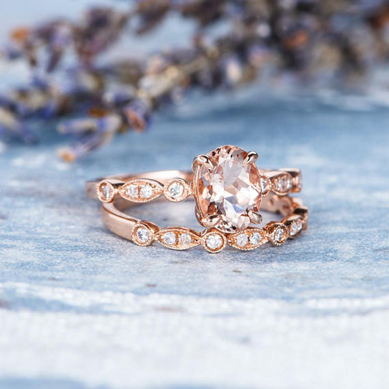 Rose Gold Engagement Ring Oval Cut Morganite Bridal Set Halo Art Deco ...