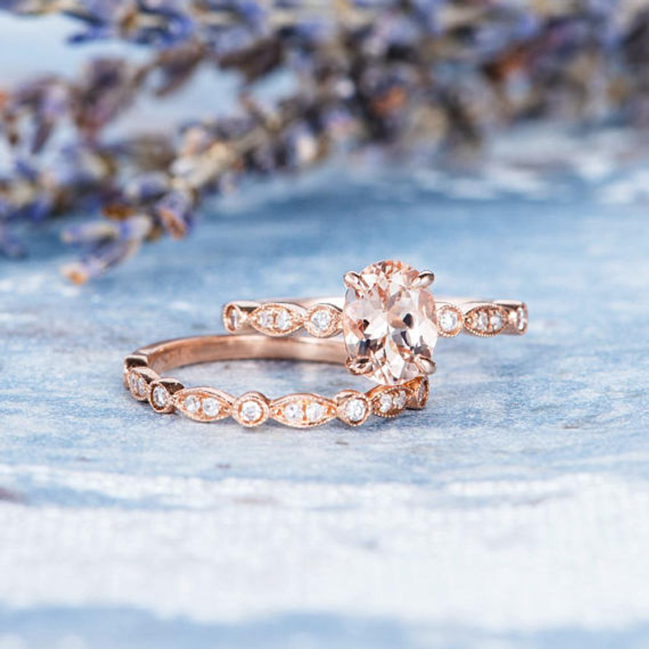 Rose Gold Engagement Ring Oval Cut Morganite Bridal Set Halo Art Deco ...