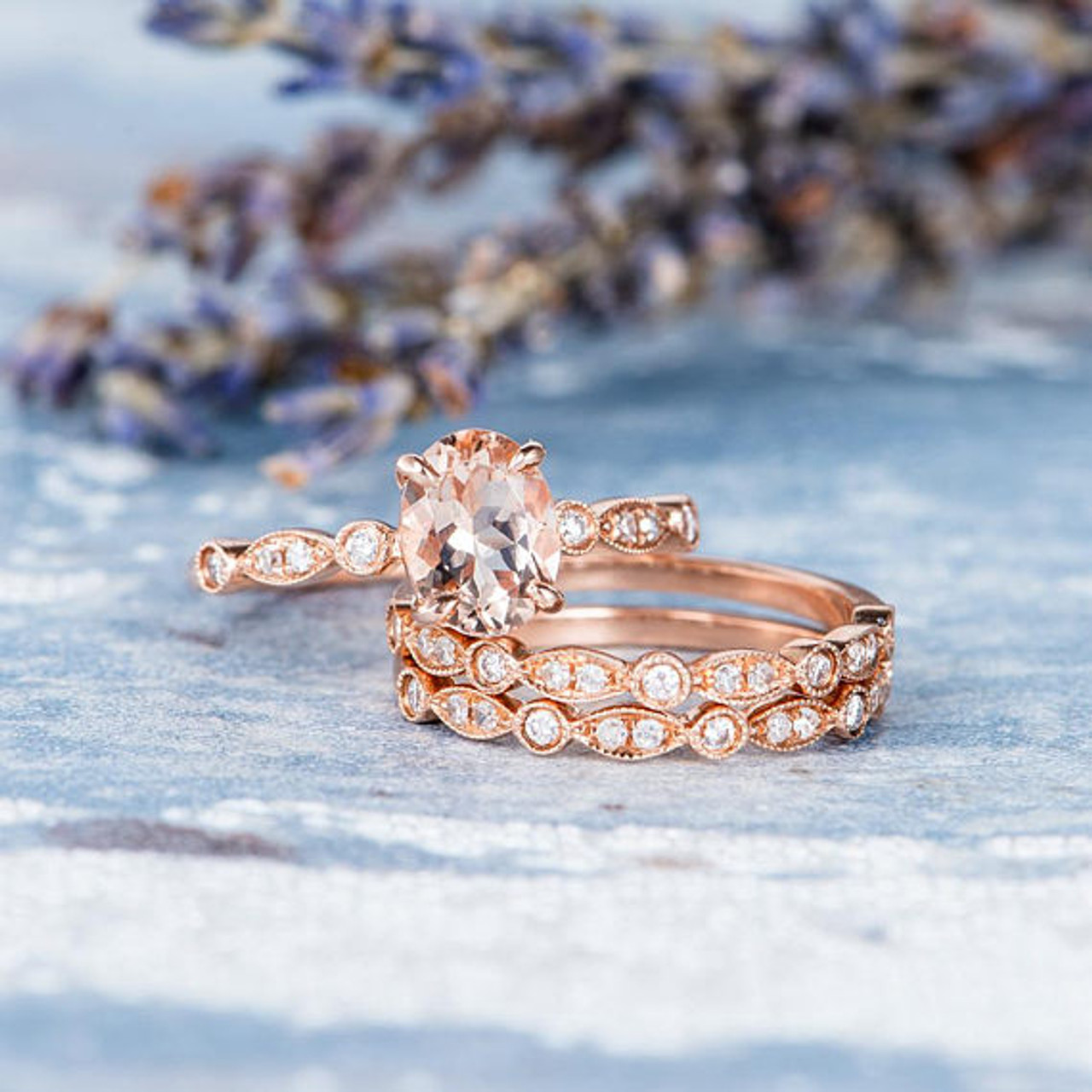 Rose Gold Engagement Ring Oval Cut Morganite Ring Bridal Set Halo Art ...