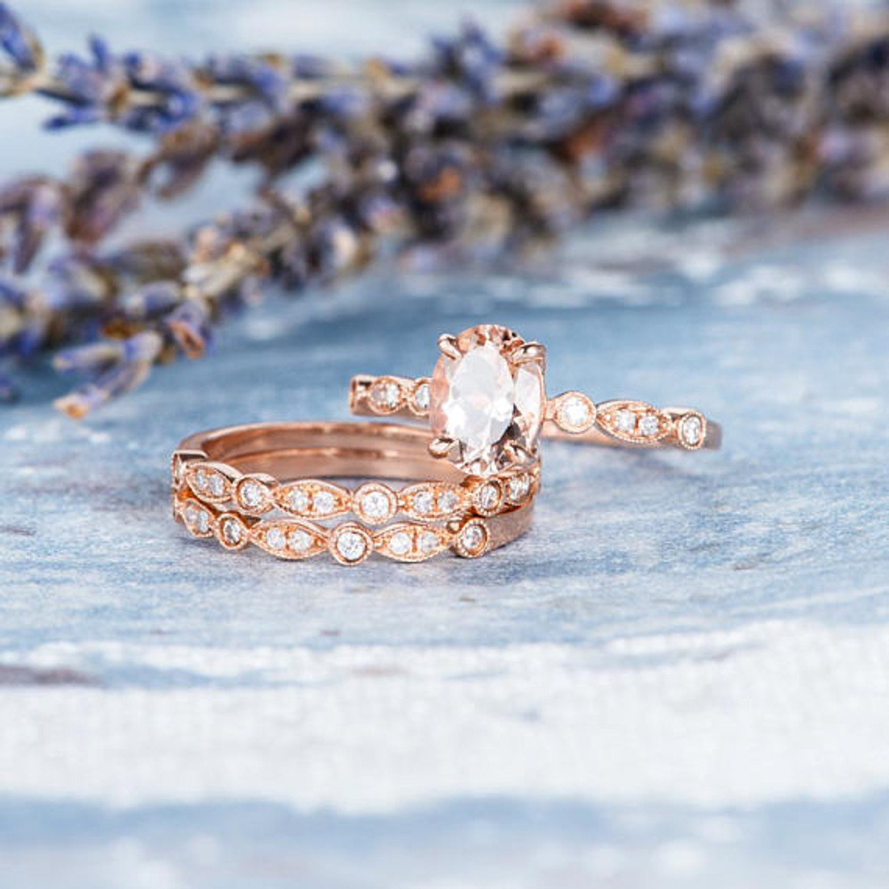 Rose Gold Engagement Ring Oval Cut Morganite Ring Bridal Set Halo Art ...