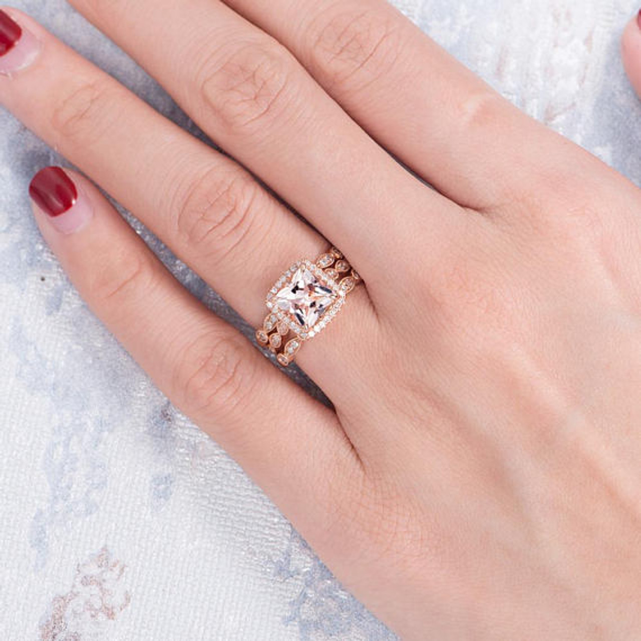 Princess Cut Morganite Engagement Ring Art Deco Morganite Ring Rose