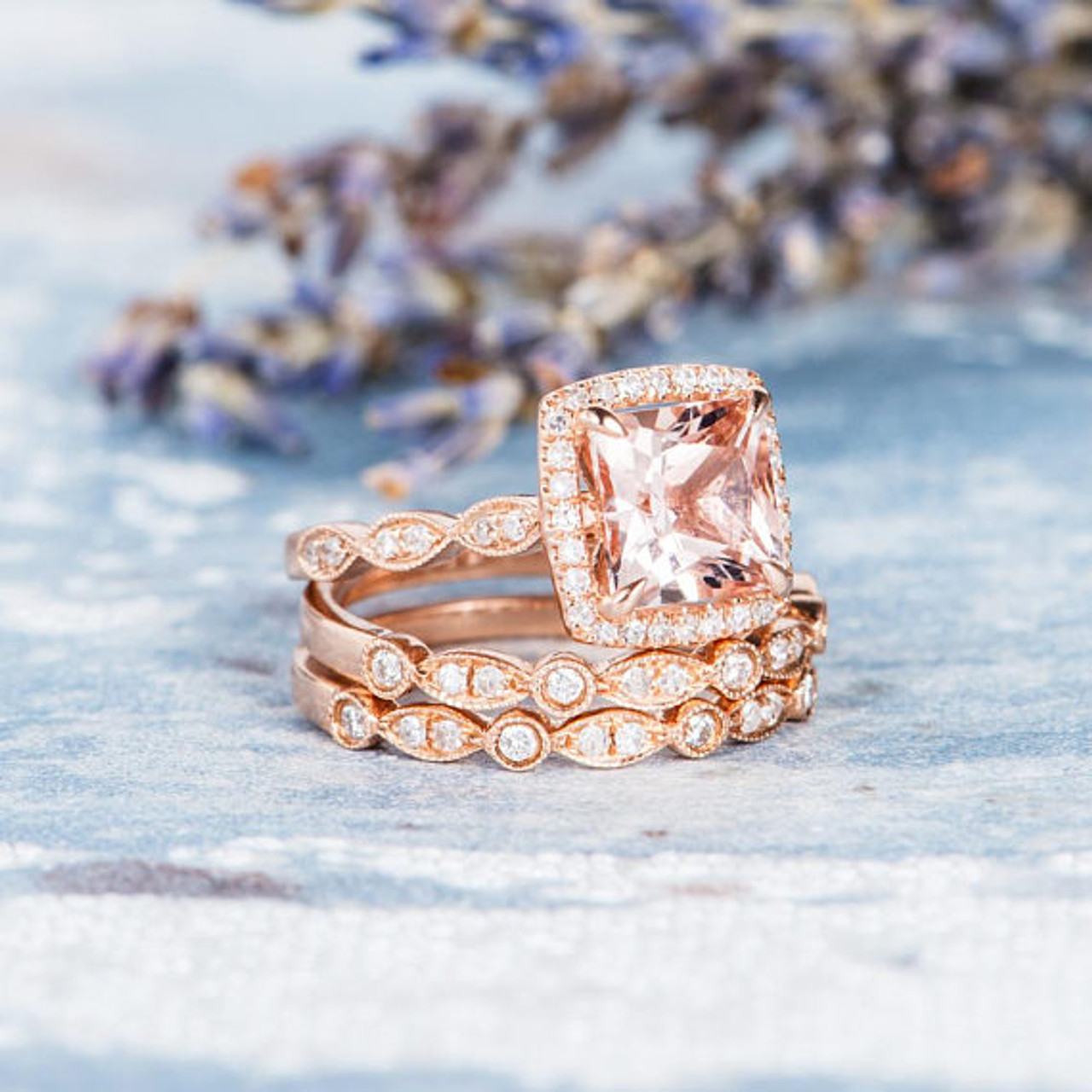 Princess Cut Morganite Engagement Ring Art Deco Morganite Ring Rose ...