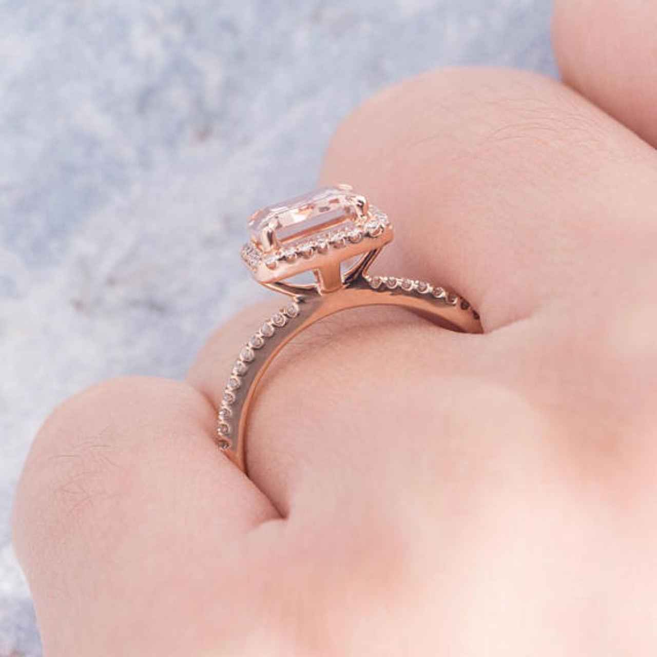 Emerald Cut Morganite Engagement Ring Rose Gold Diamond Halo Minimalist ...