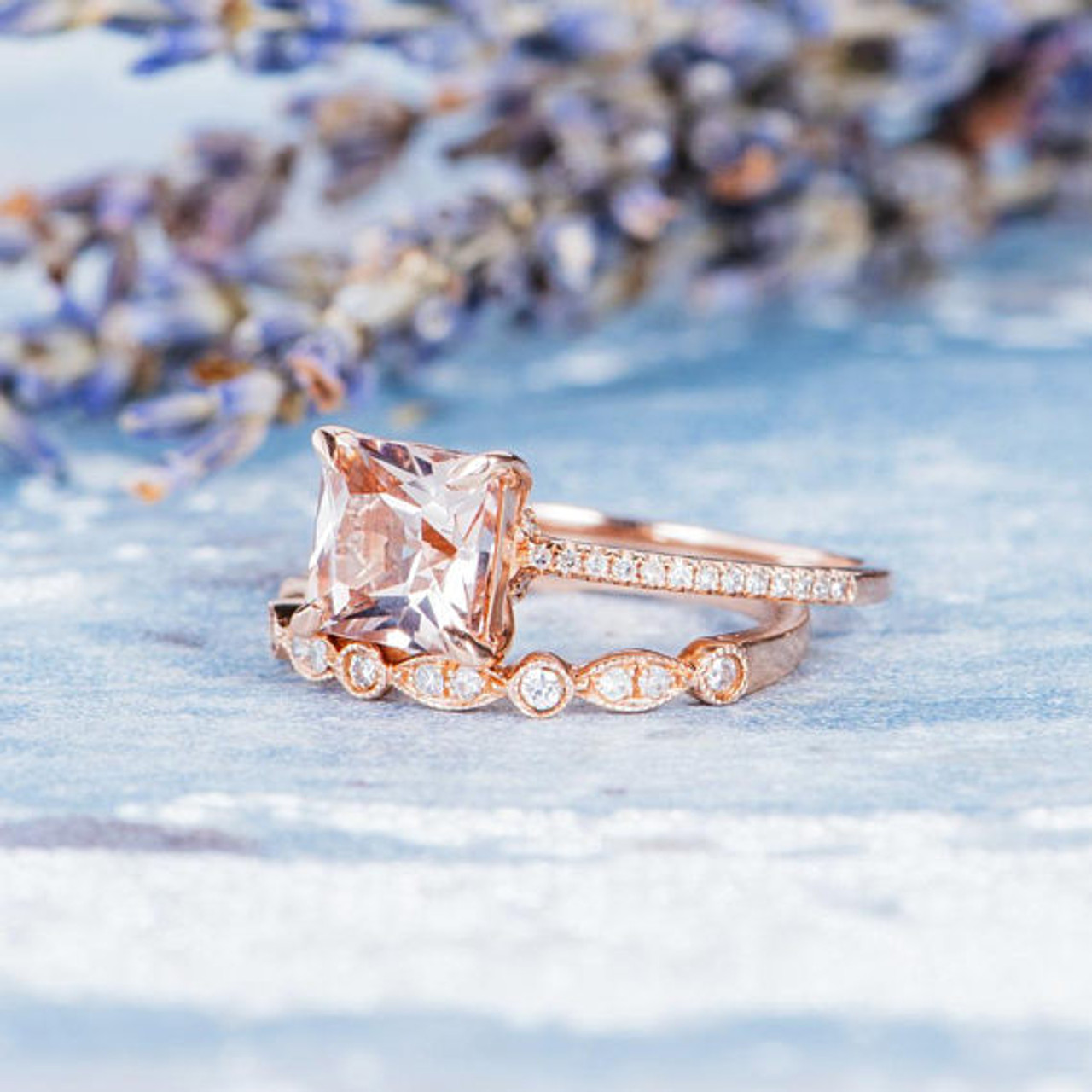 Art Deco Wedding Ring Set Princess Cut Morganite Engagement Ring Rose ...