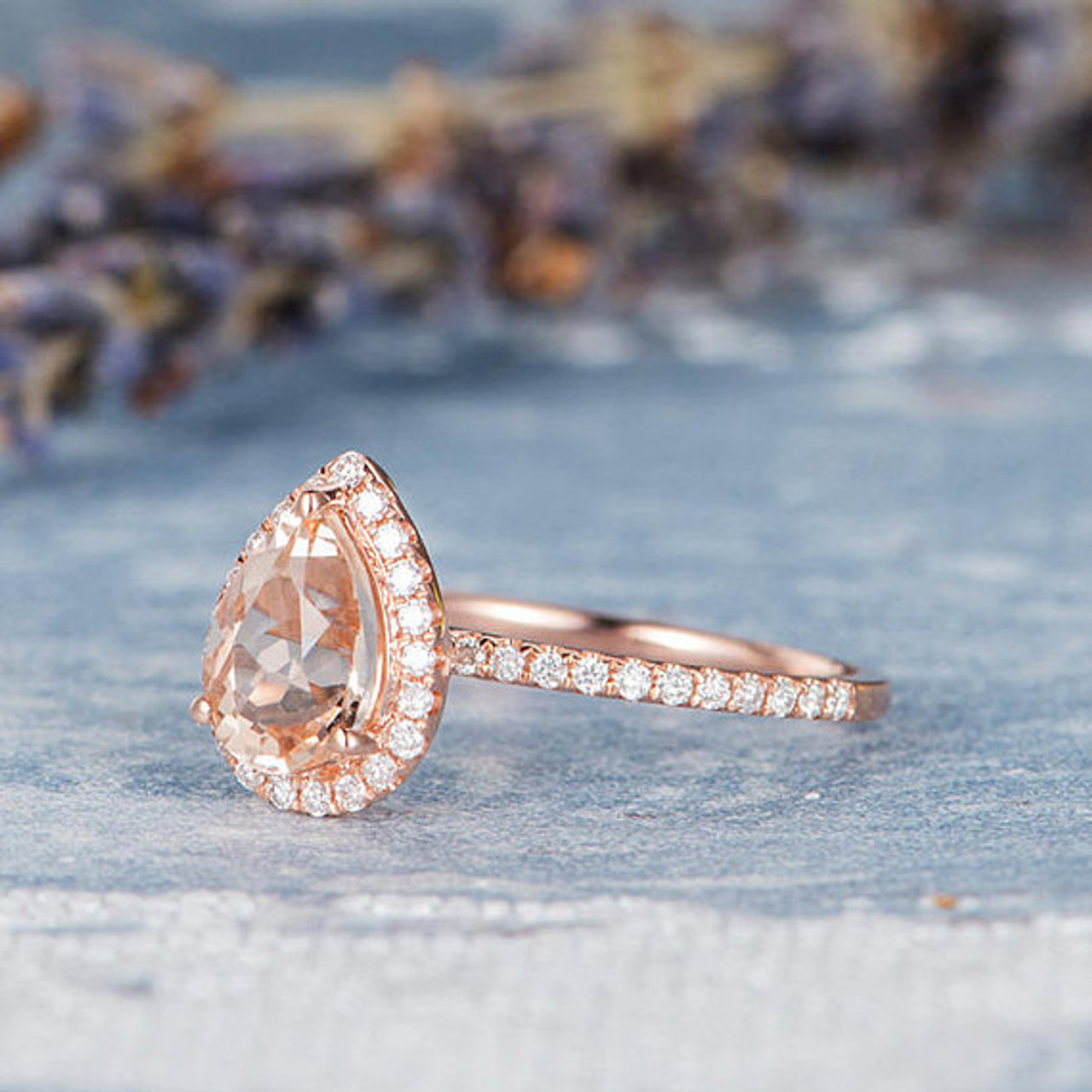 Art Deco Morganite Engagement Ring Rose Gold Bridal Wedding Ring Pear ...