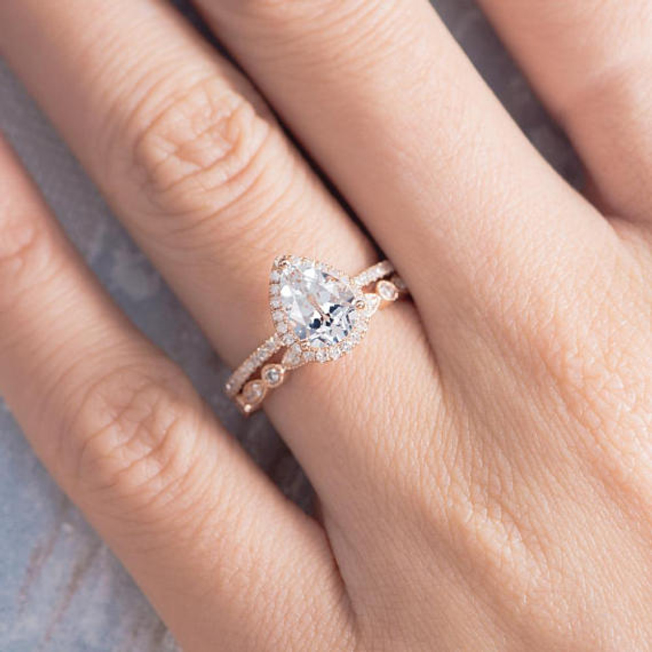 Pear Shaped Engagement Ring Wedding Band Women Set Rose Gold White Topaz Halo Diamond Stacking 