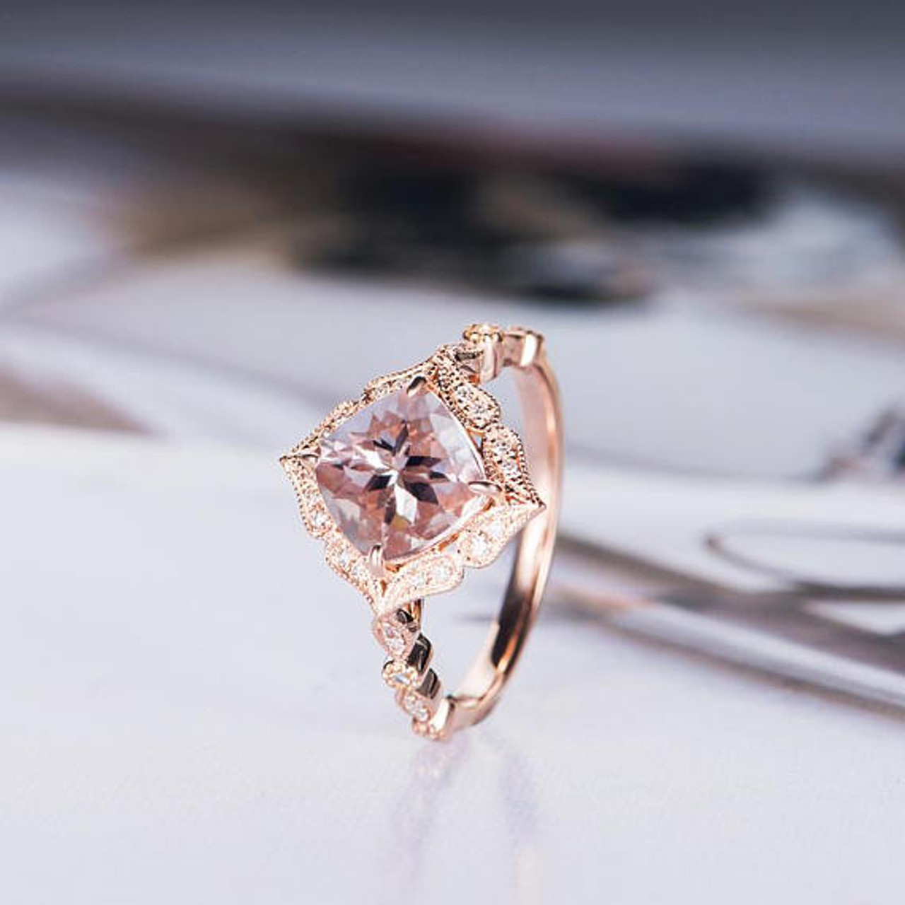 Rose Gold 7mm Cushion Cut Bridal Morganite Ring