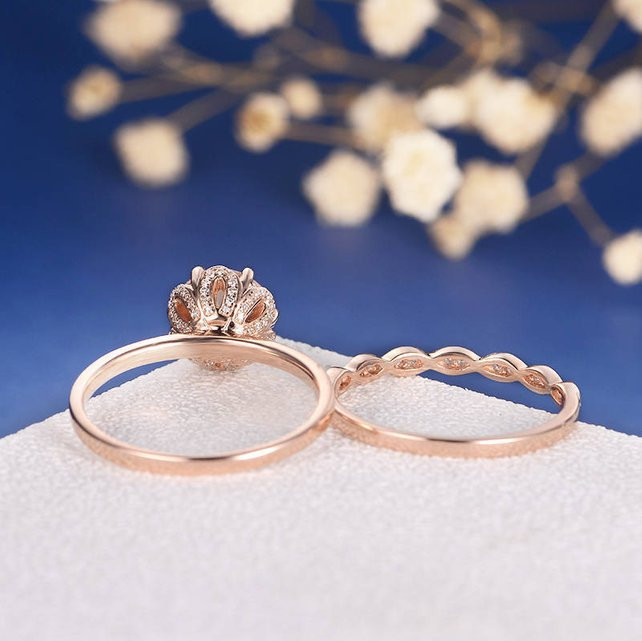 7mm Round Flower Rose Gold Wedding Ring Set