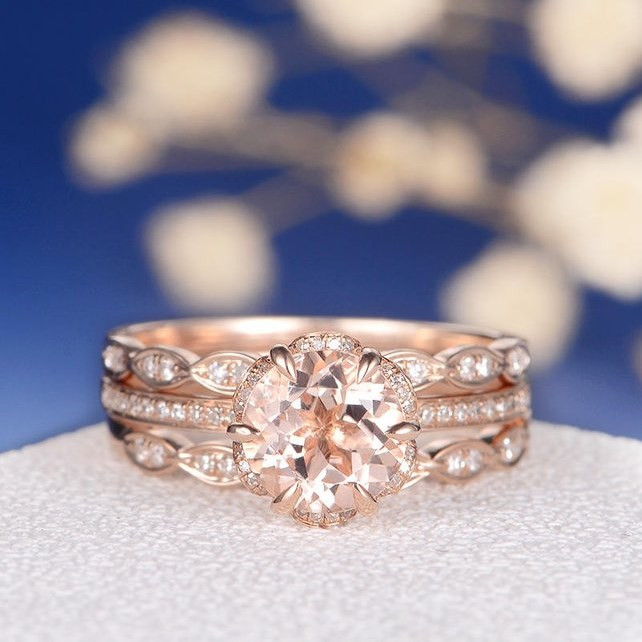7mm Round Flower Morganite Rose Gold Wedding Ring Set 3 Psc