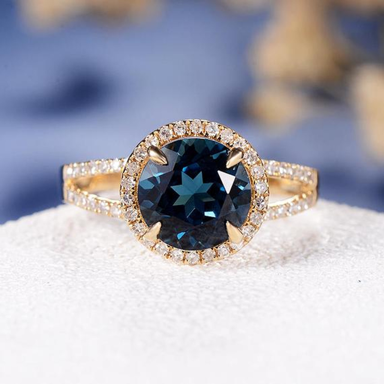 8mm Round Cut London Blue Topaz Split Shank Diamond Pave Engagement Ring