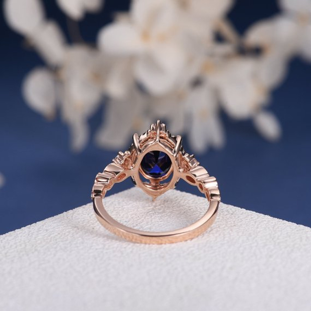 7*9mm Oval Art Deco Lab Sapphire Ring Antique Engagement Ring