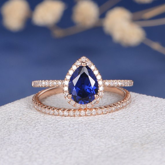 6*8mm Pear Lab Sapphire Full Eternity Wedding Band Bridal Set